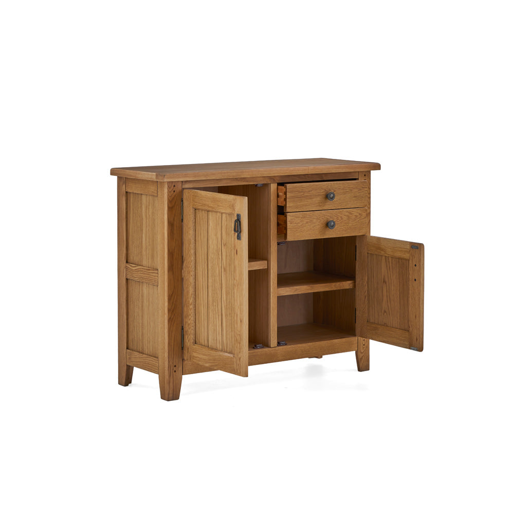 Burford Small Sideboard with doors and drawers open front side angle