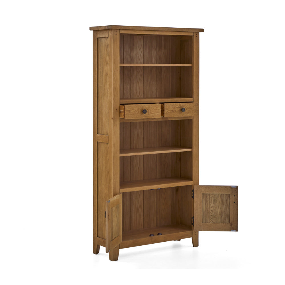 Burford Display Bookcase From front with bottom doors open - Side view