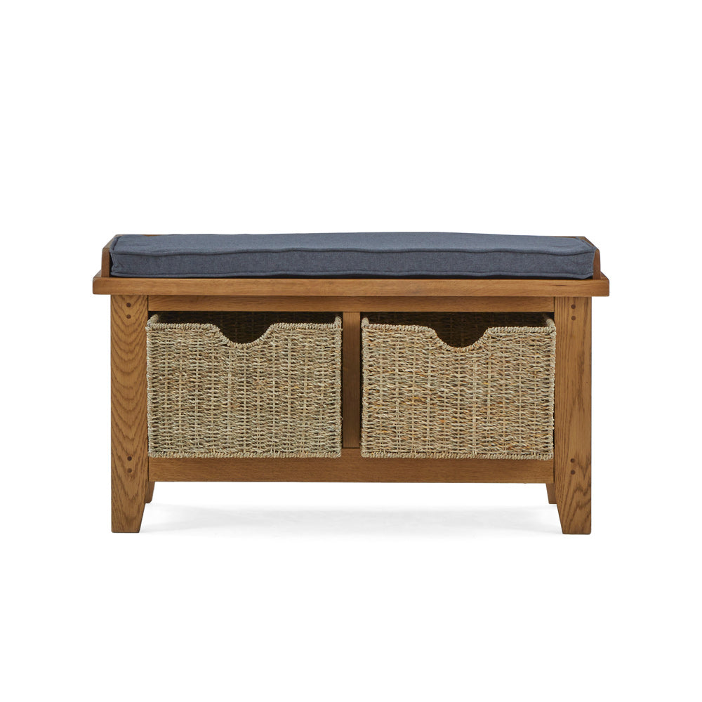 Burford Hallway Bench with Baskets from front with baskets pulled out a little