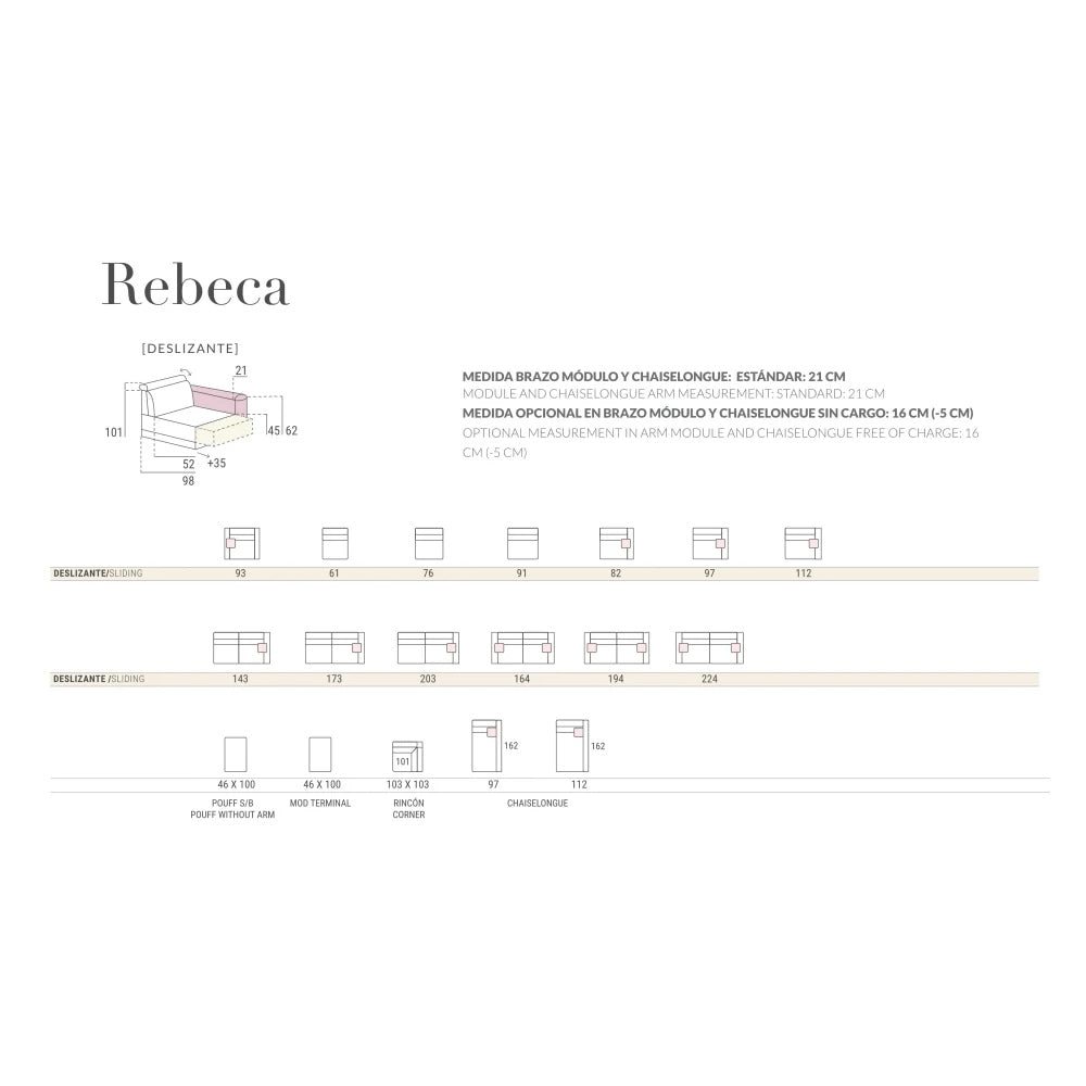 Schematic diagram of a sofa set named 'Rebeca' with measurements on a white background
