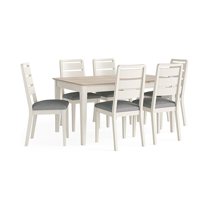 Image of rectangular oak dining table with 6 matching white oak painted dining chairs.