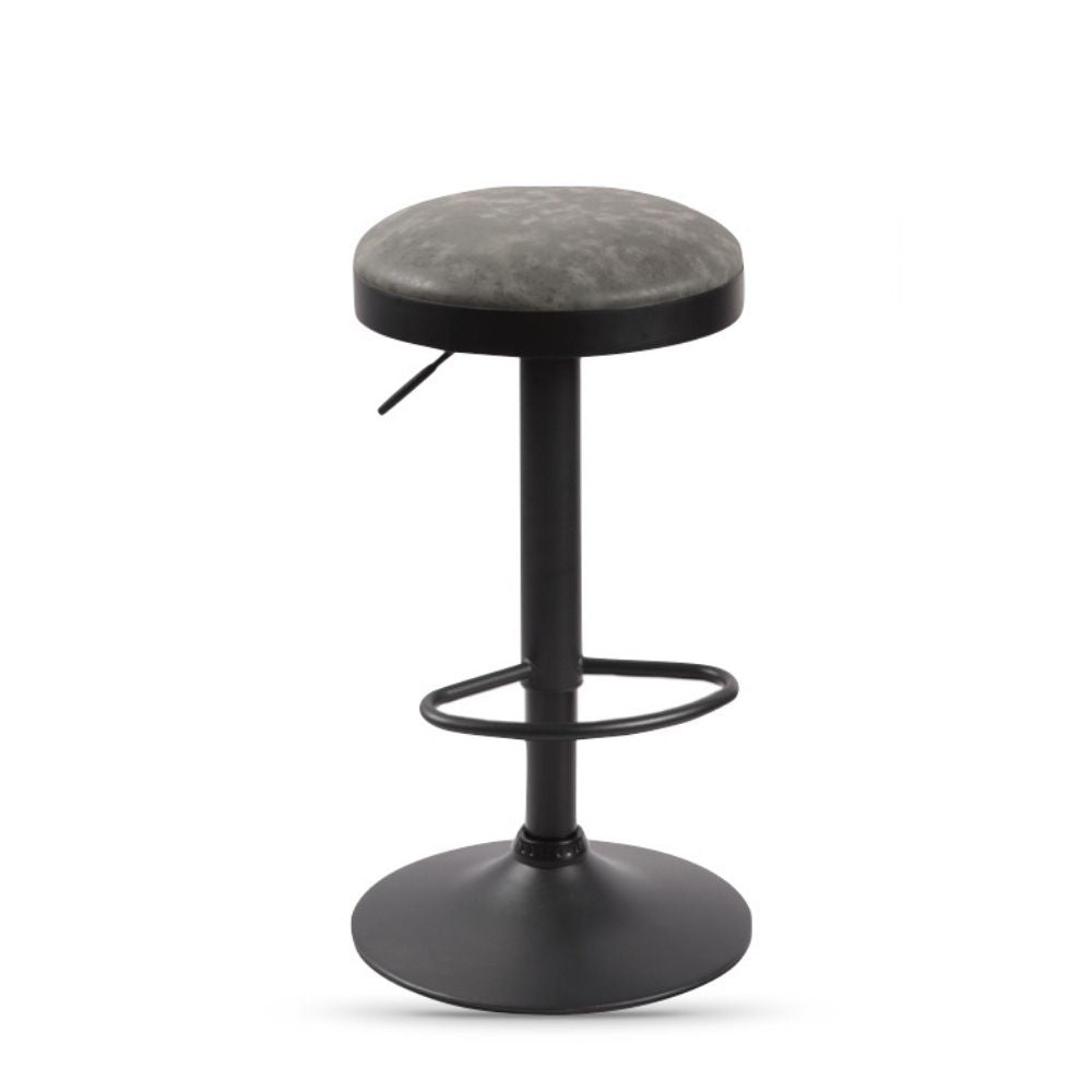 Black bar stool with a round seat on a white background
