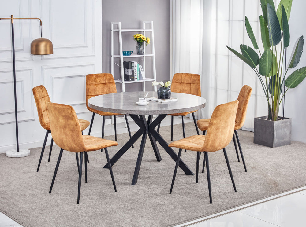 Frederick Concrete Effect Round DIning table 1.2m with 6 Orange Dining Chairs