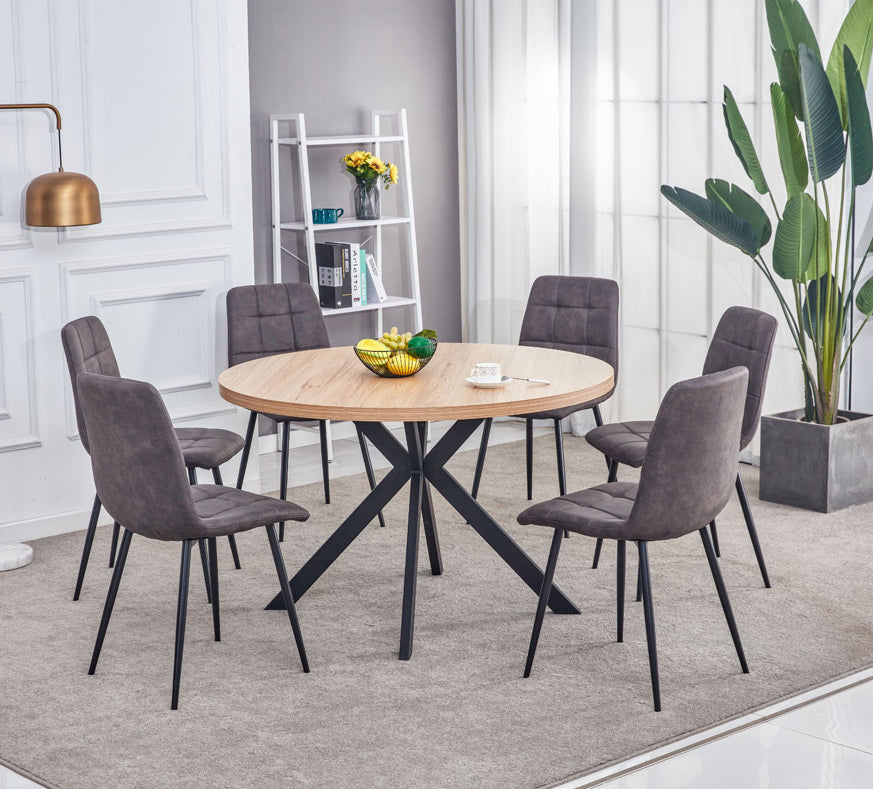 Frederick Oak Round DIning table 1.2m with 6 Brown Chairs