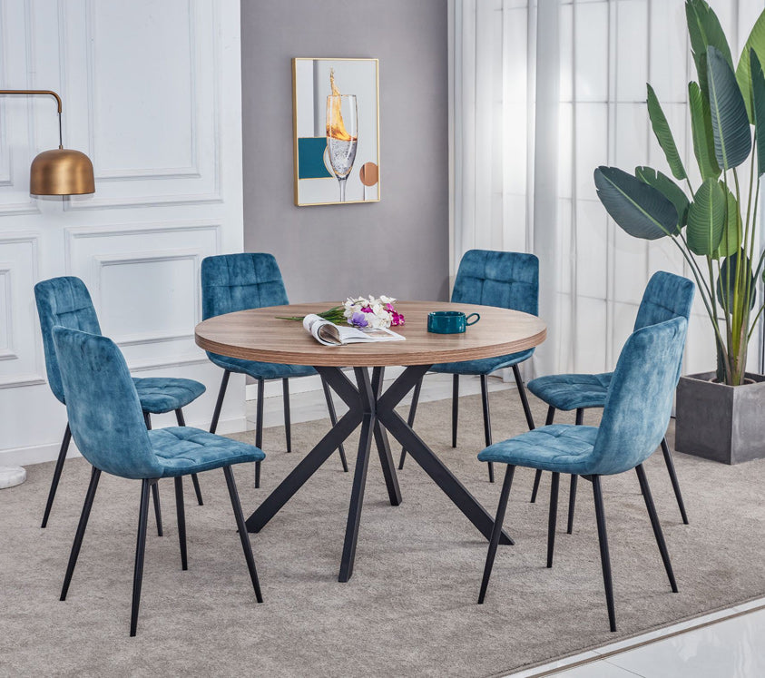 Frederick Walnut Round DIning table 1.2m with 6 Fredrick Blue Chairs