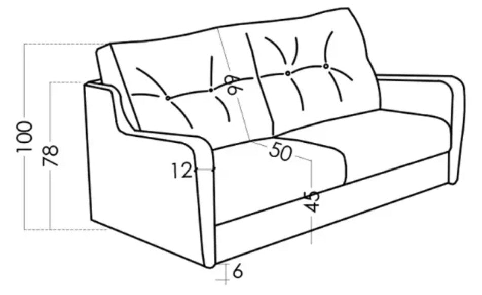 Line drawing of a sofa with dimensions labeled