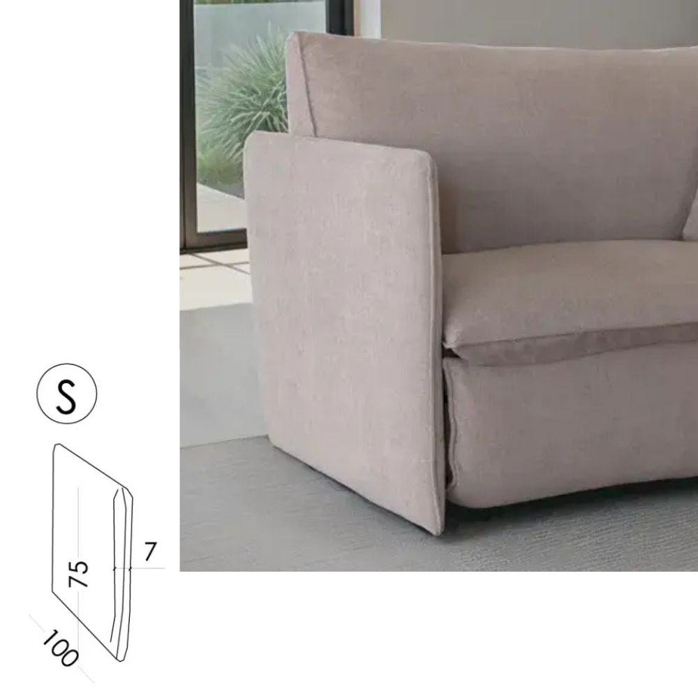 Beige sofa with dimensions indicated on a white background