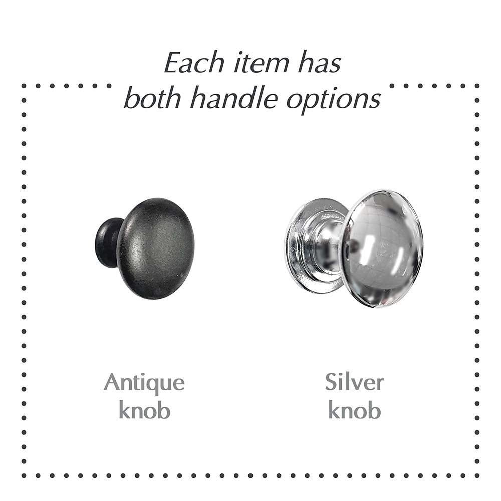 infographic showing the choice of cutomisable handles available with the bookcase - antique or silver.