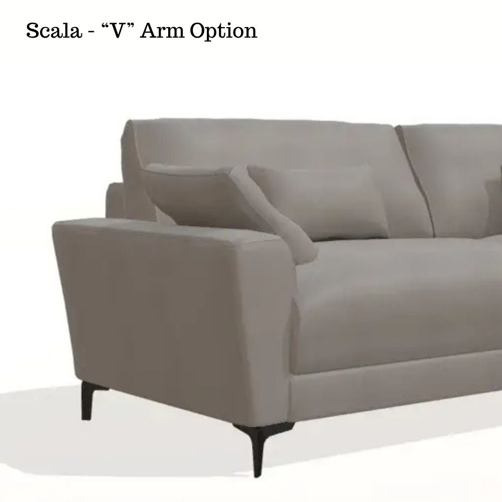 Gray sofa with 'V' arm option on a white background