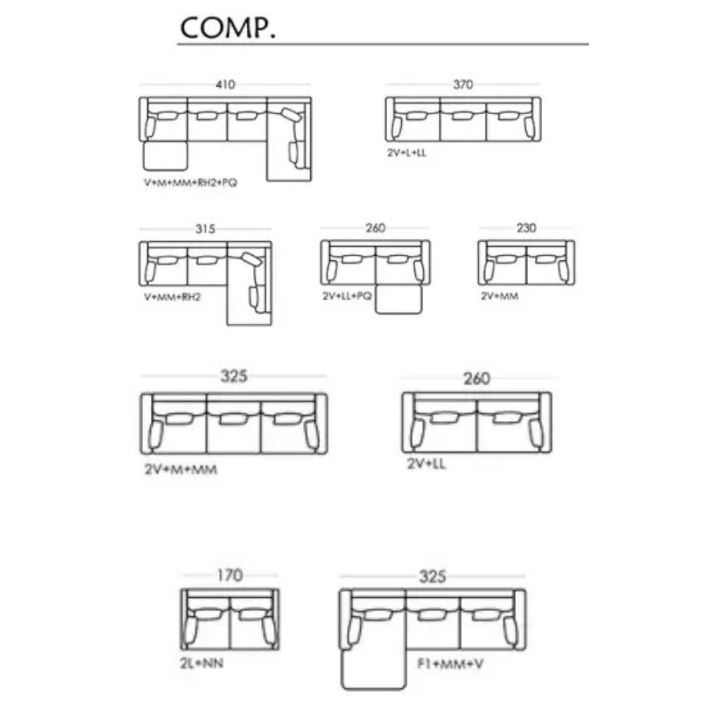 Technical drawing of various Fama furniture layouts with dimensions on a white background