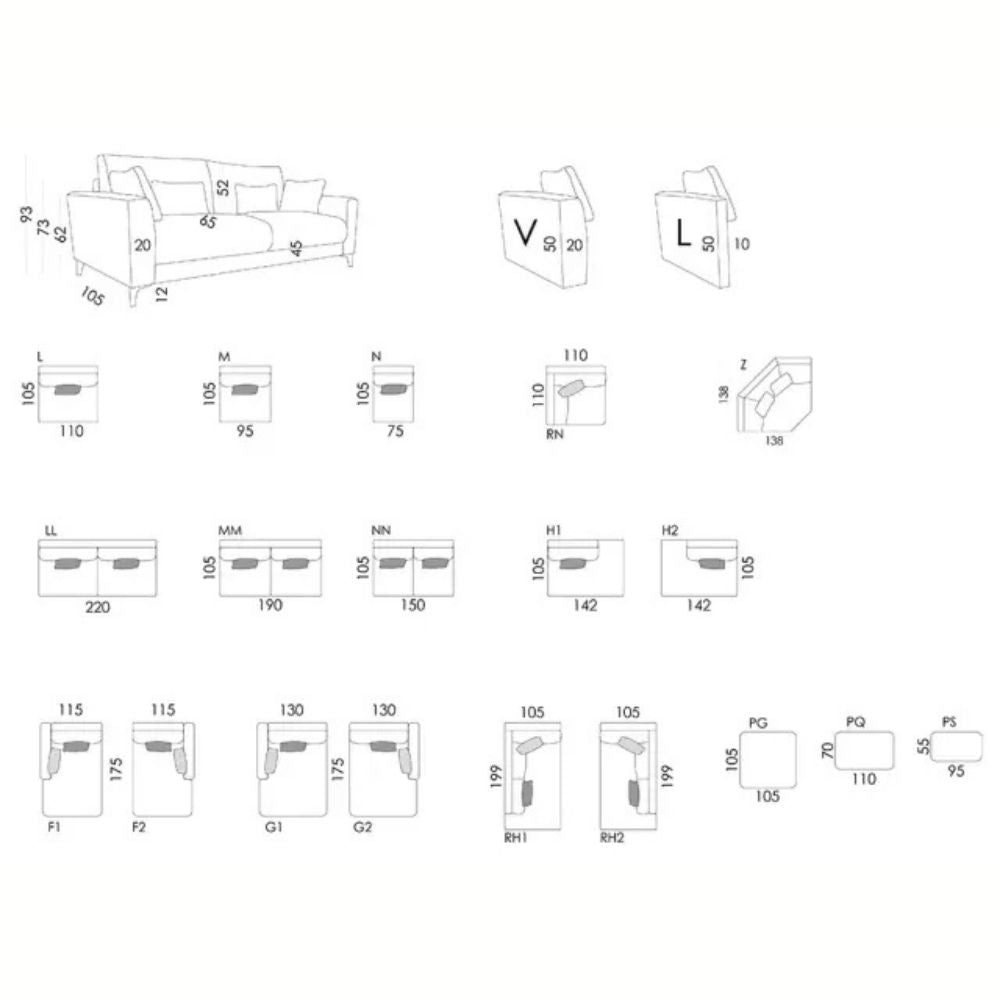 Technical drawing of a Fama sofa with labeled dimensions on a white background