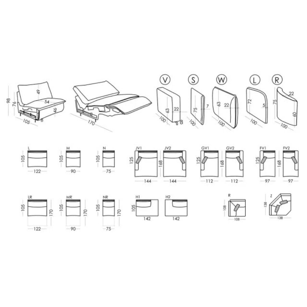 Technical drawing of a Fama sofa with various measurements on a white background