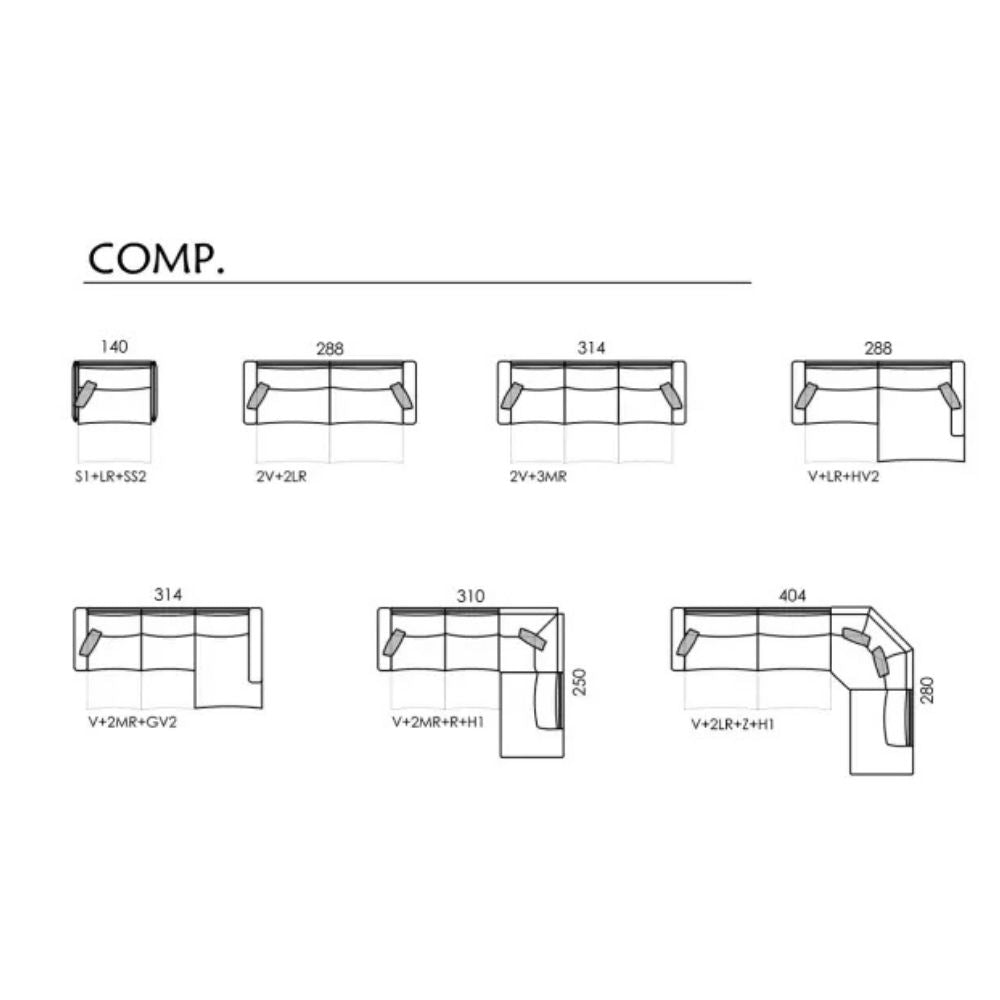 Diagram of various Fma sofa configurations with labels on a white background
