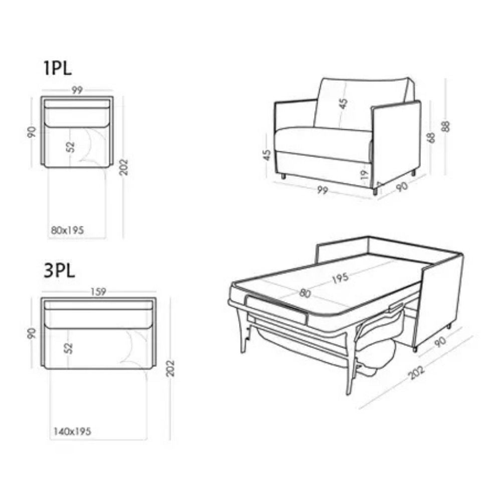 Illustrations of a sofa bed with dimensions labeled for different seating capacities.
