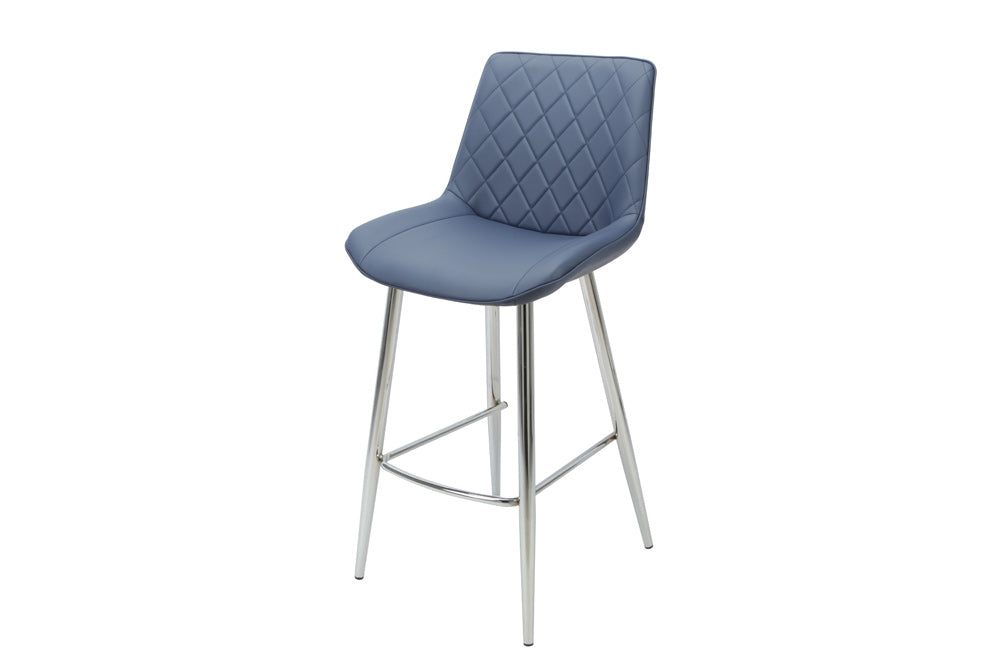 4 Legged Bar Stool with Chrome Legs and Blue PU. Diamond Shape stitching