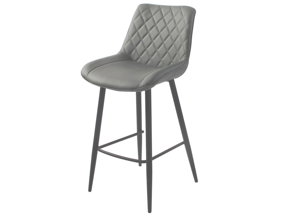 Grey PU Bar Stool with black legs. Diamond shape stitching on back of seat.