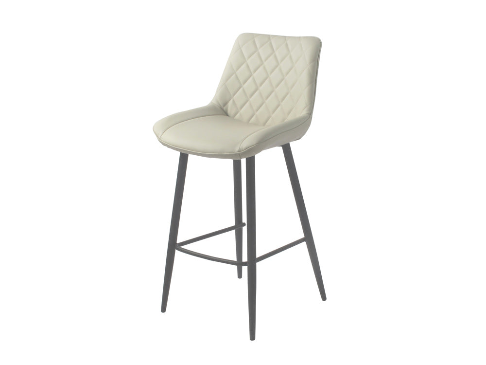 Taupe PU Bar Stool with black legs. Diamond shape stitching on back of seat.