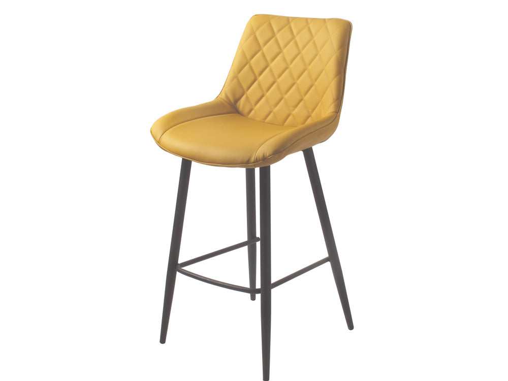 Yellow PU Bar Stool with black legs. Diamond shape stitching on back of seat.