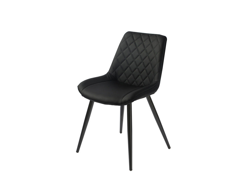Black PU Dining Chair with black legs. Diamond shape stitching on back of seat.