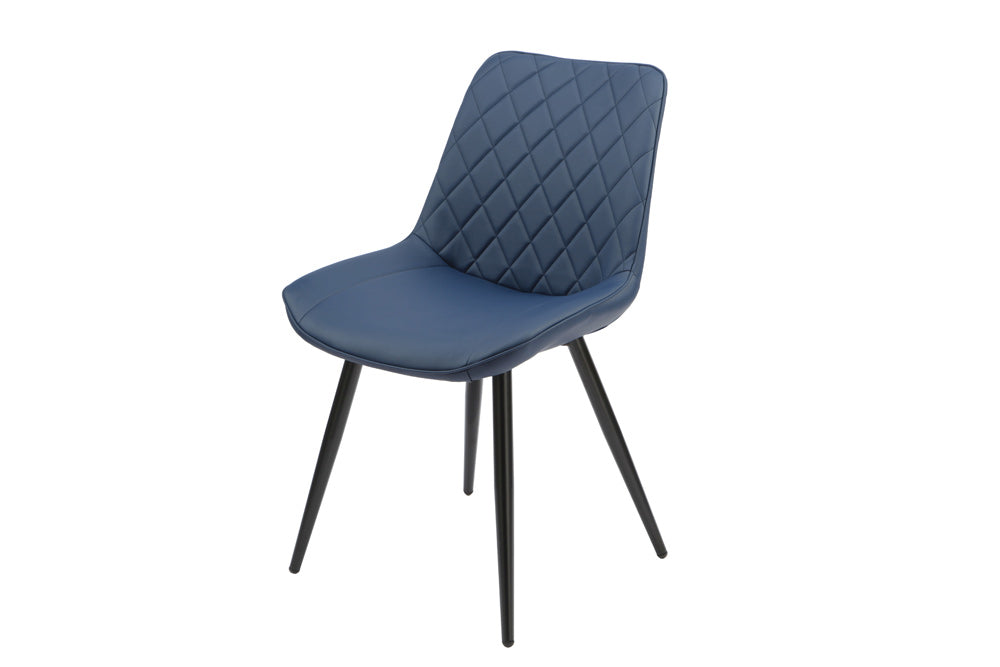 Blue PU Dining Chair with black legs. Diamond shape stitching on back of seat.