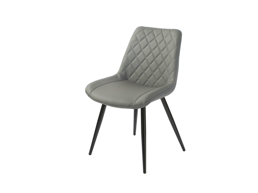 Grey PU Dining Chair with black legs. Diamond shape stitching on back of seat.