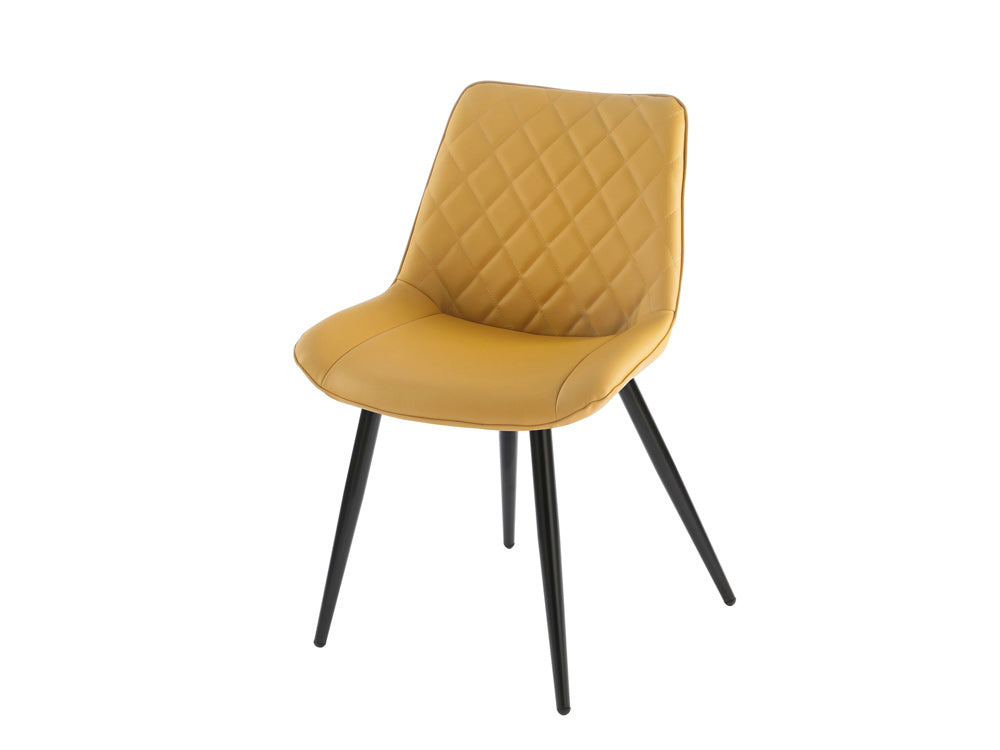 Yellow PU Dining Chair with black legs. Diamond shape stitching on back of seat.