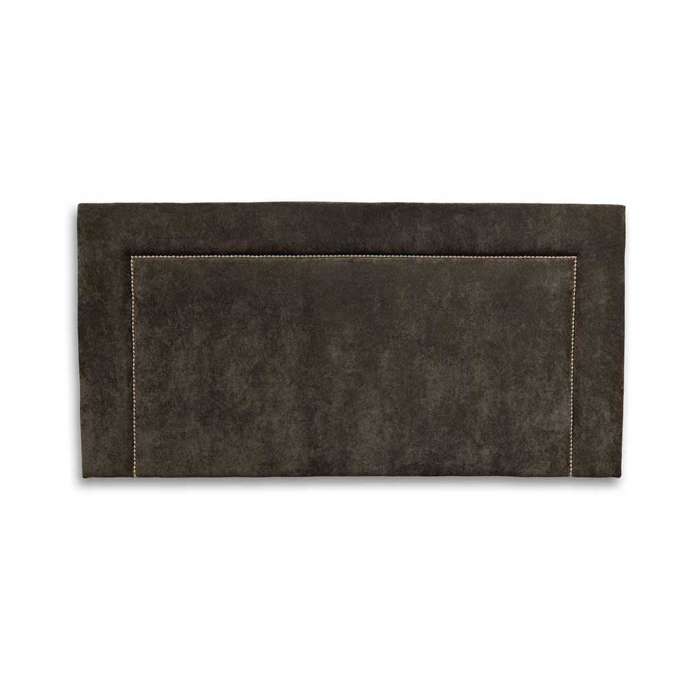 Charcoal upholstered headboard with a studded metal design on a white background