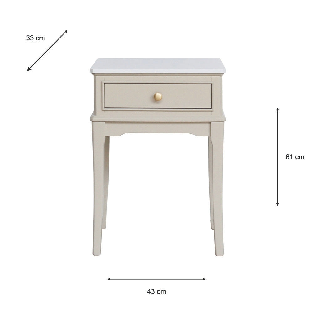 A single-drawer nightstand or lamp table shown on a white background with dimension arrows and labels indicating 33 cm width, 61 cm height, and 43 cm depth.