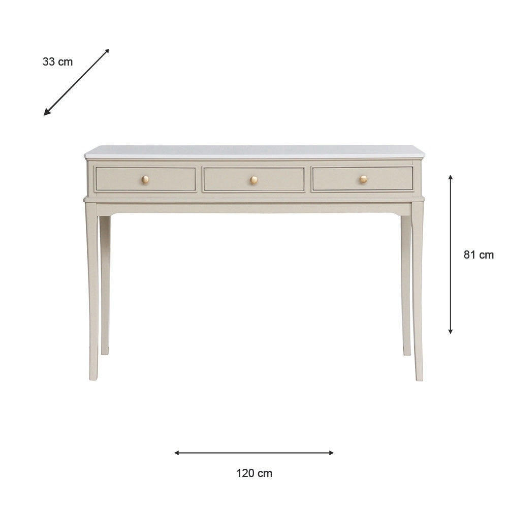 A console table with three drawers and small round knobs, shown with dimension arrows and labels indicating 120 cm width, 81 cm height, and 33 cm depth on a white background.