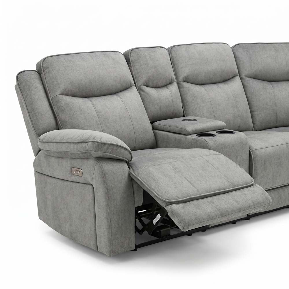 Gray reclining sofa with cup holders on a white background