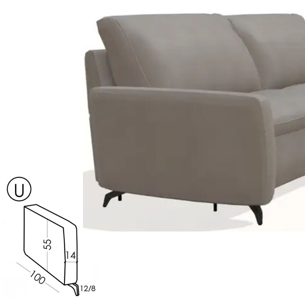 Gray sectional sofa with dimensions displayed on a white background