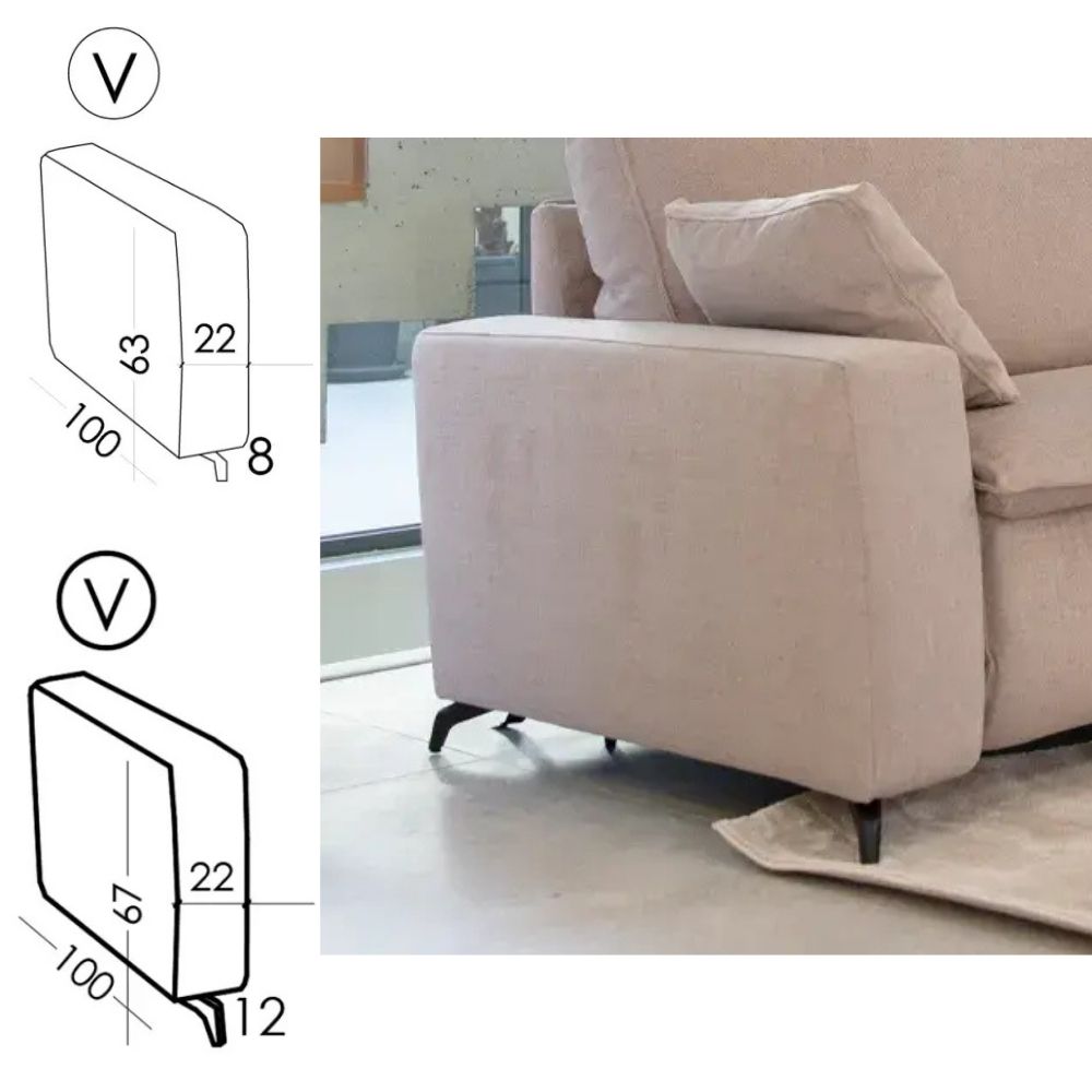 Beige sofa with dimensions displayed on a white background