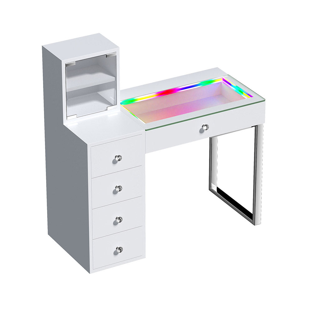 White vanity desk with colorful top on a white background