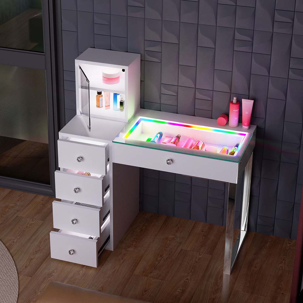 White vanity table with drawers and colorful LED lights on a wooden floor.