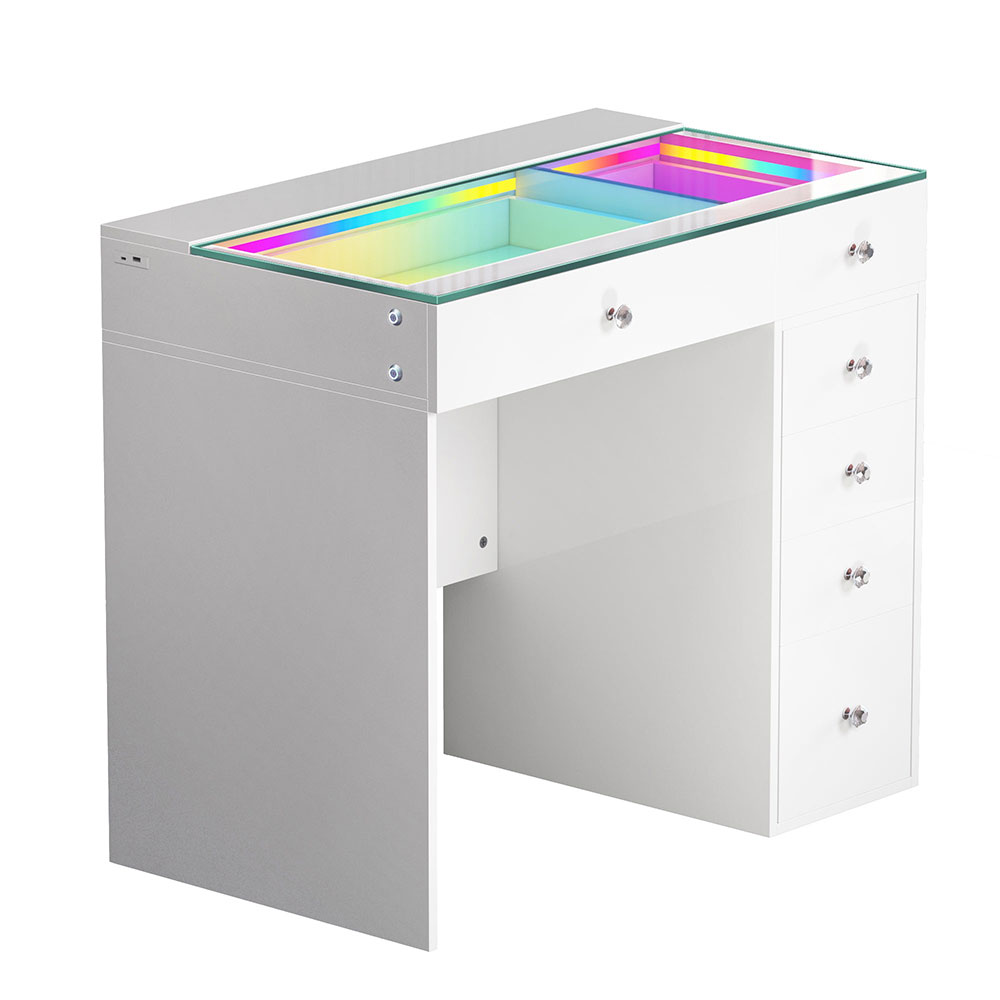 Vanitii 6-Drawer Vanity Unit Dressing Table with Glass Top and LED Lighting – Gloss White Finish