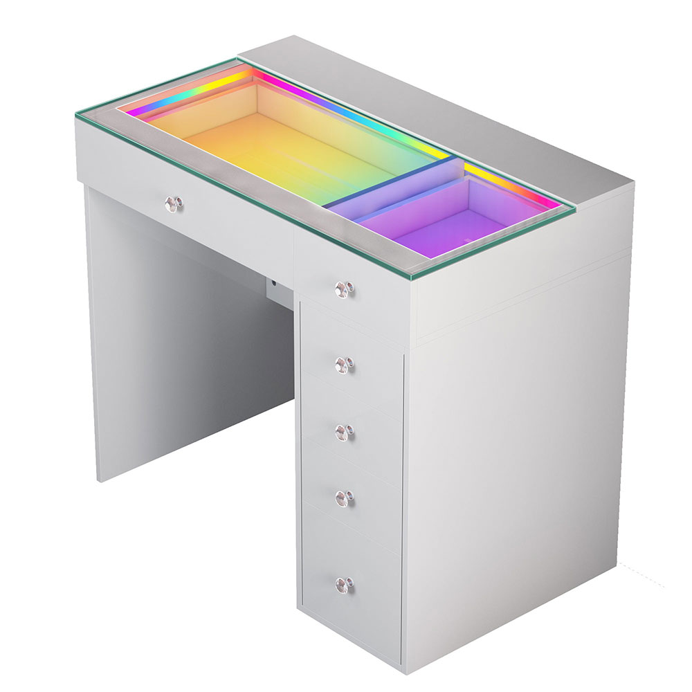 Vanitii 6-Drawer Vanity Unit Dressing Table with Glass Top and LED Lighting – Gloss White Finish