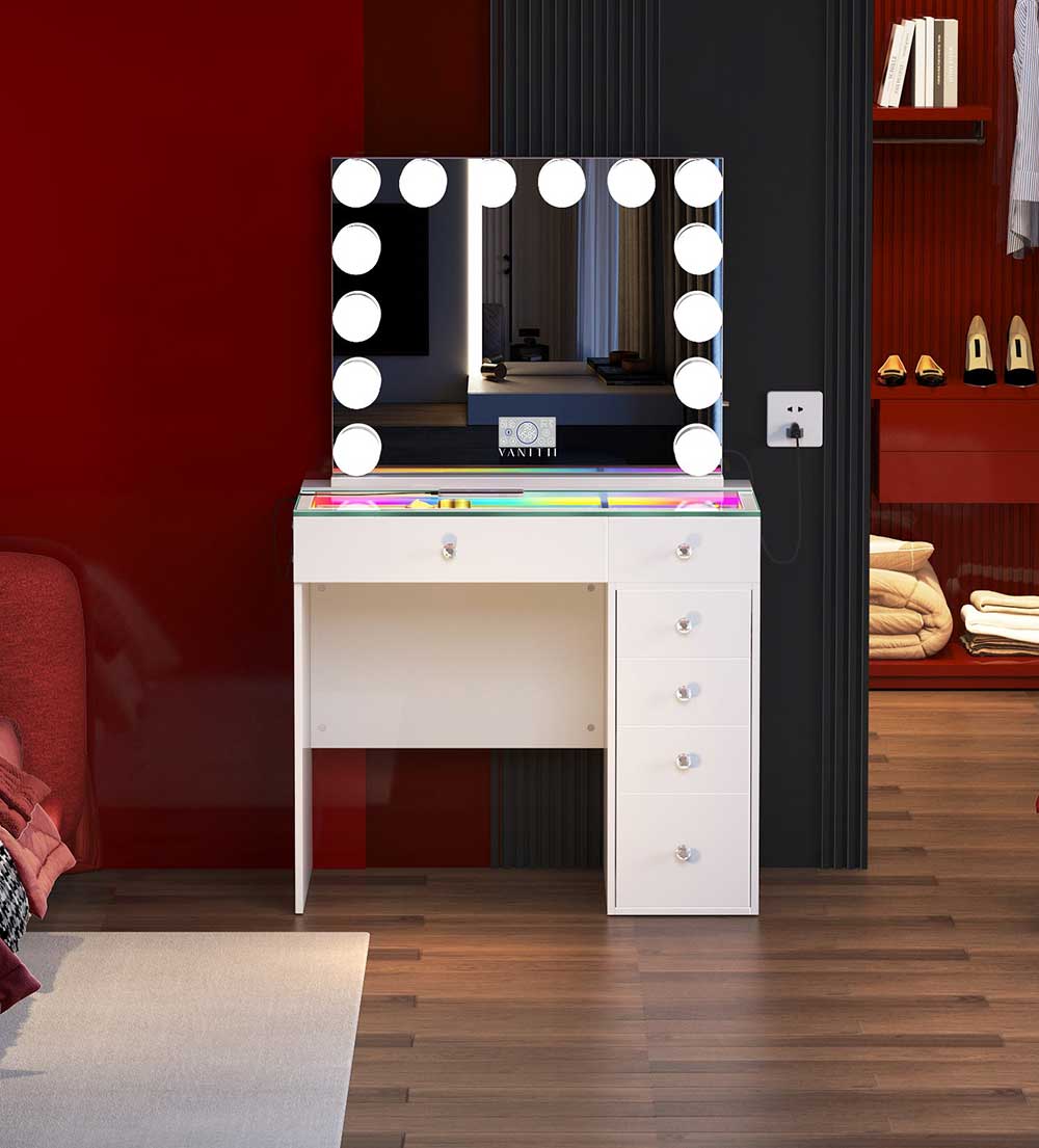 Vanitii 6-Drawer Vanity Unit Dressing Table with Glass Top and LED Lighting – Gloss White Finish