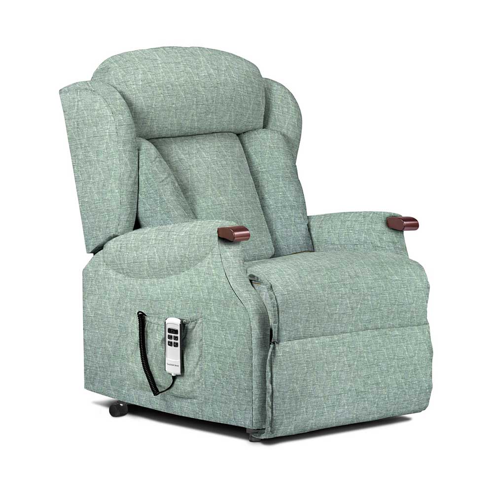 Aqua lift and rise recliner chair with armrests and control panel on a white background