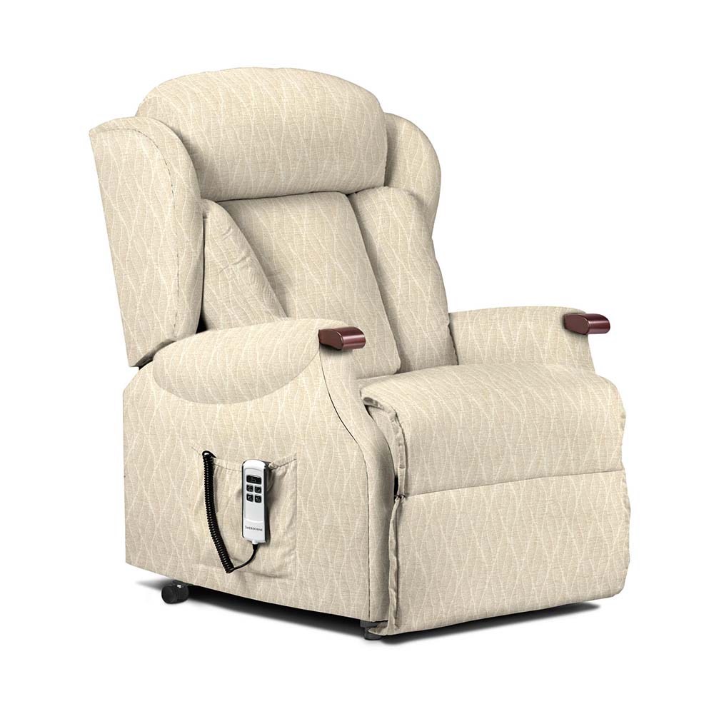 Beige lift and rise recliner chair with remote control on a white background