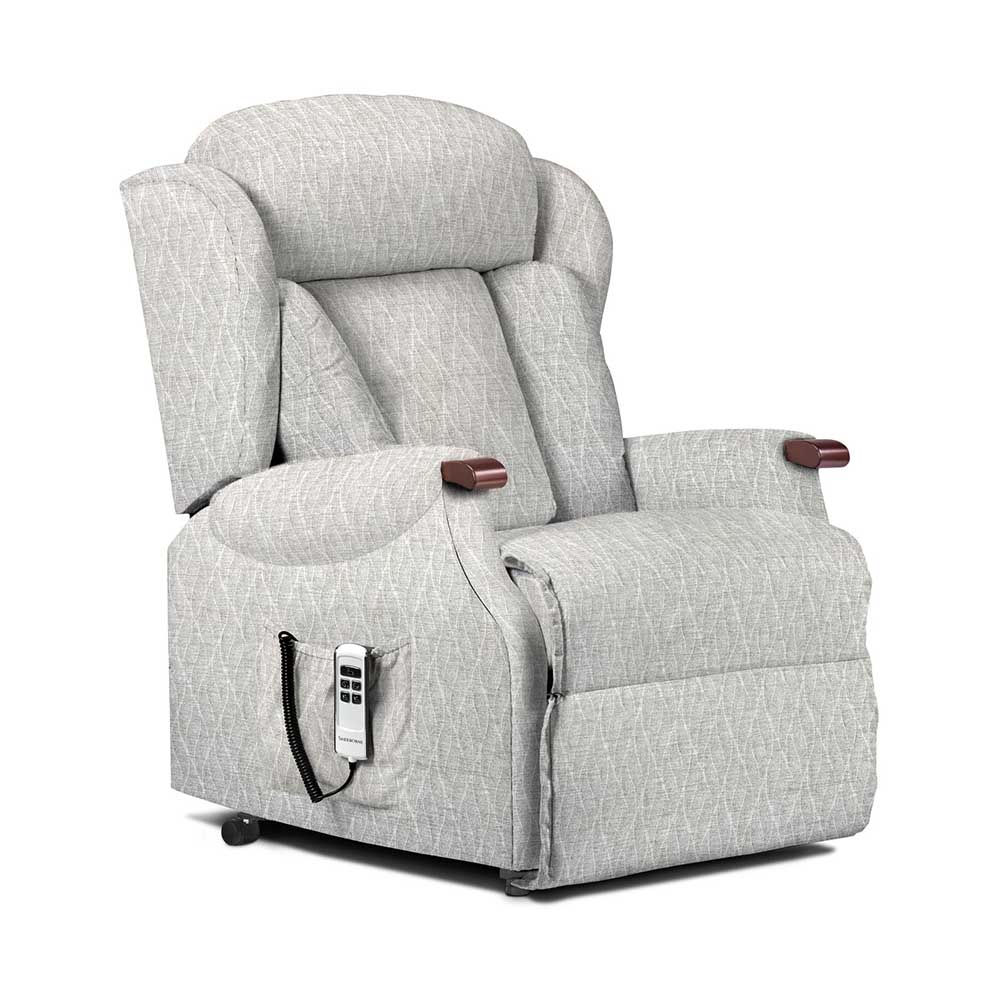 Gray lift and rise  recliner chair with wooden armrests on a white background