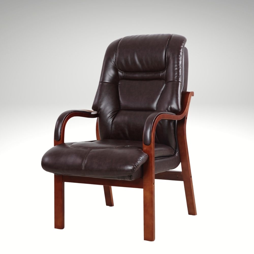 Burgundy leather armchair with wooden frame on a white background