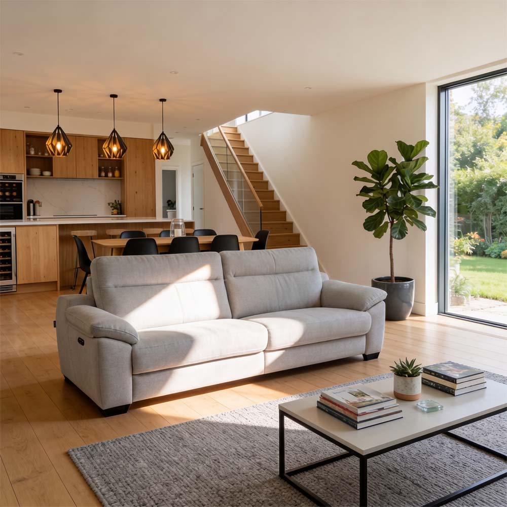 Modern living room with a gray sofa, coffee table, and staircase in the background.