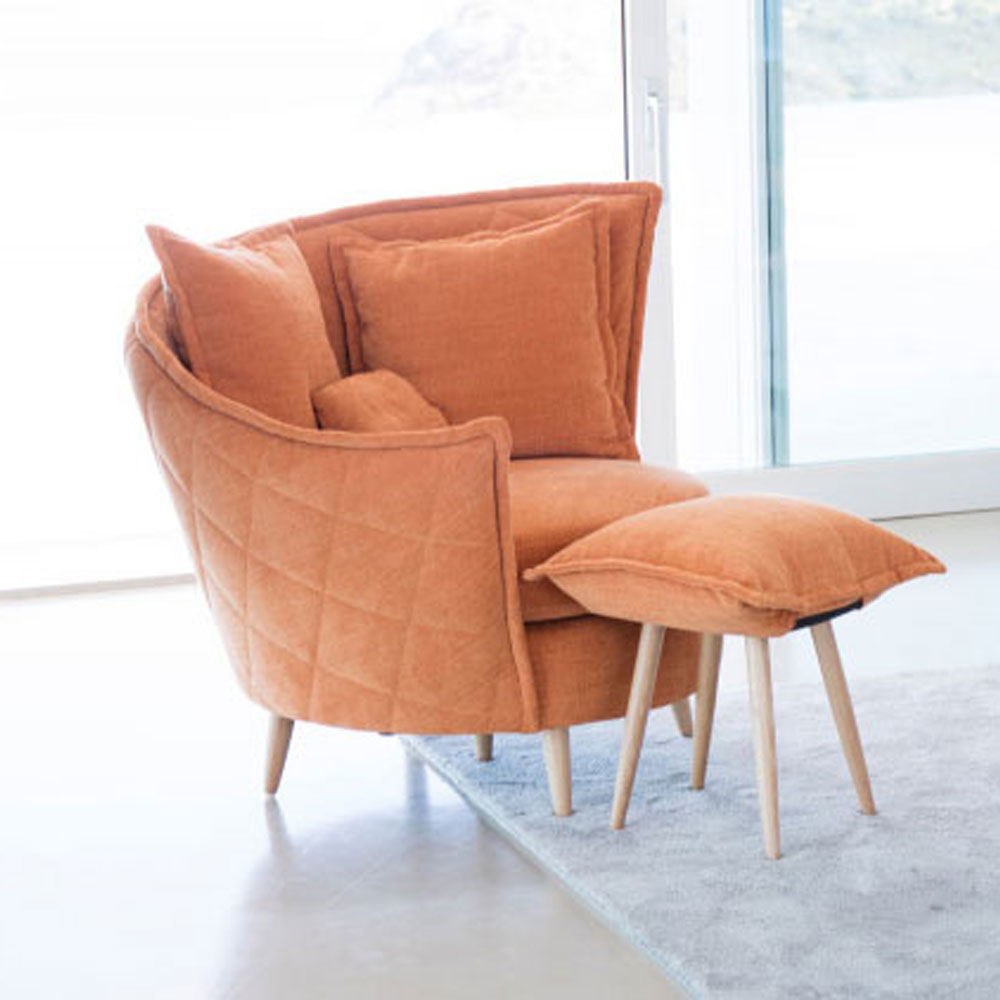 Volta Swivel Armchair by Fama in Light orange Fabric with Footstool