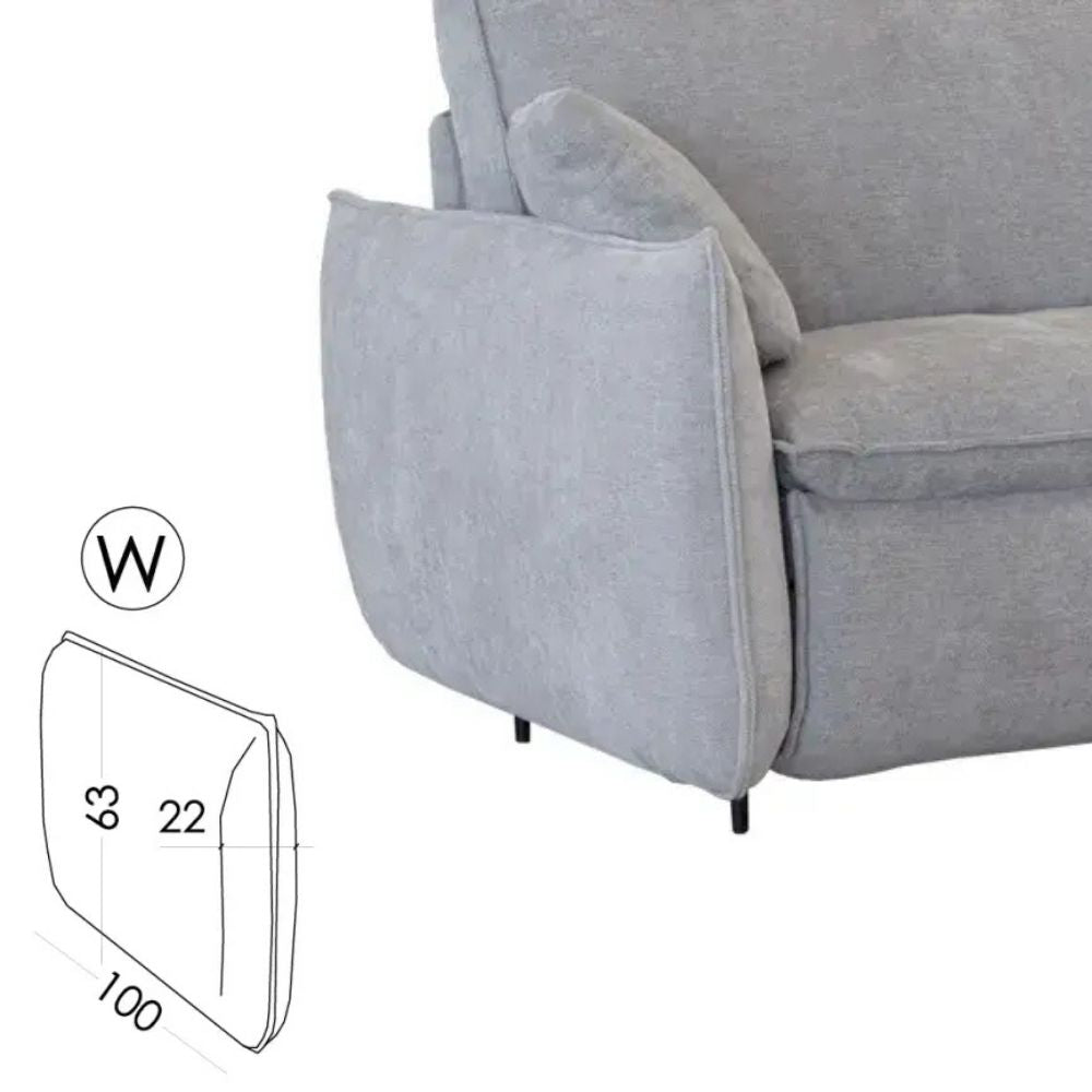Gray sofa with armrest dimensions shown on a white background