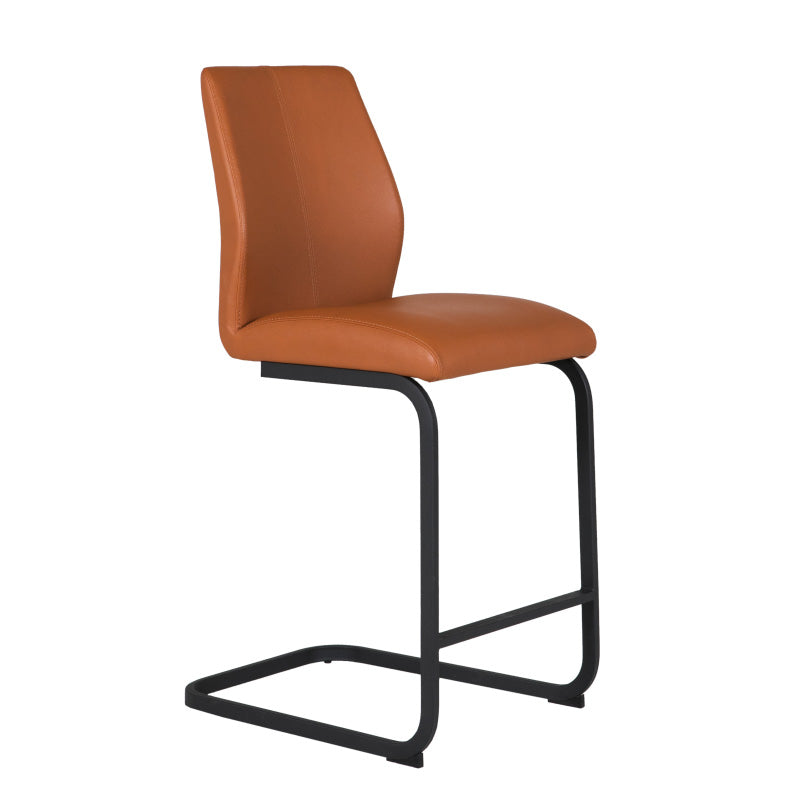 Brown leather bar stool with black metal legs on a white background