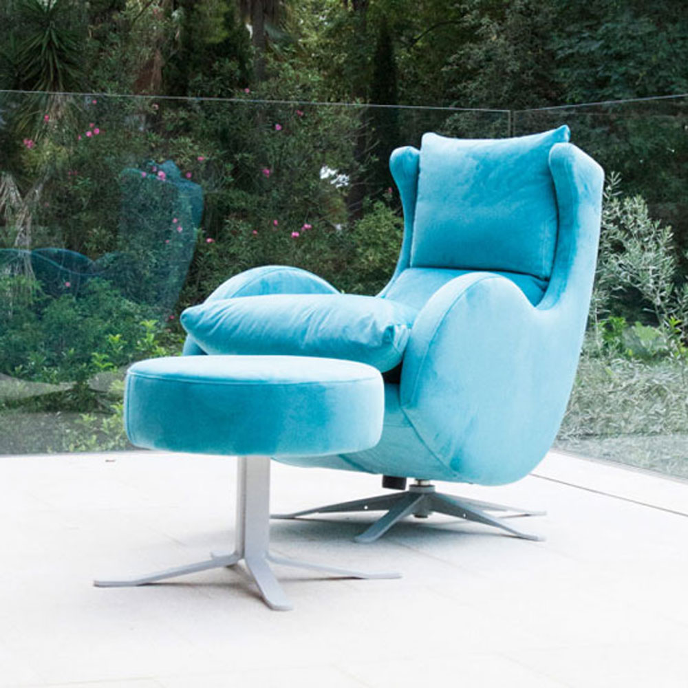 Lenny Blue fabric Armchair and Footstool.