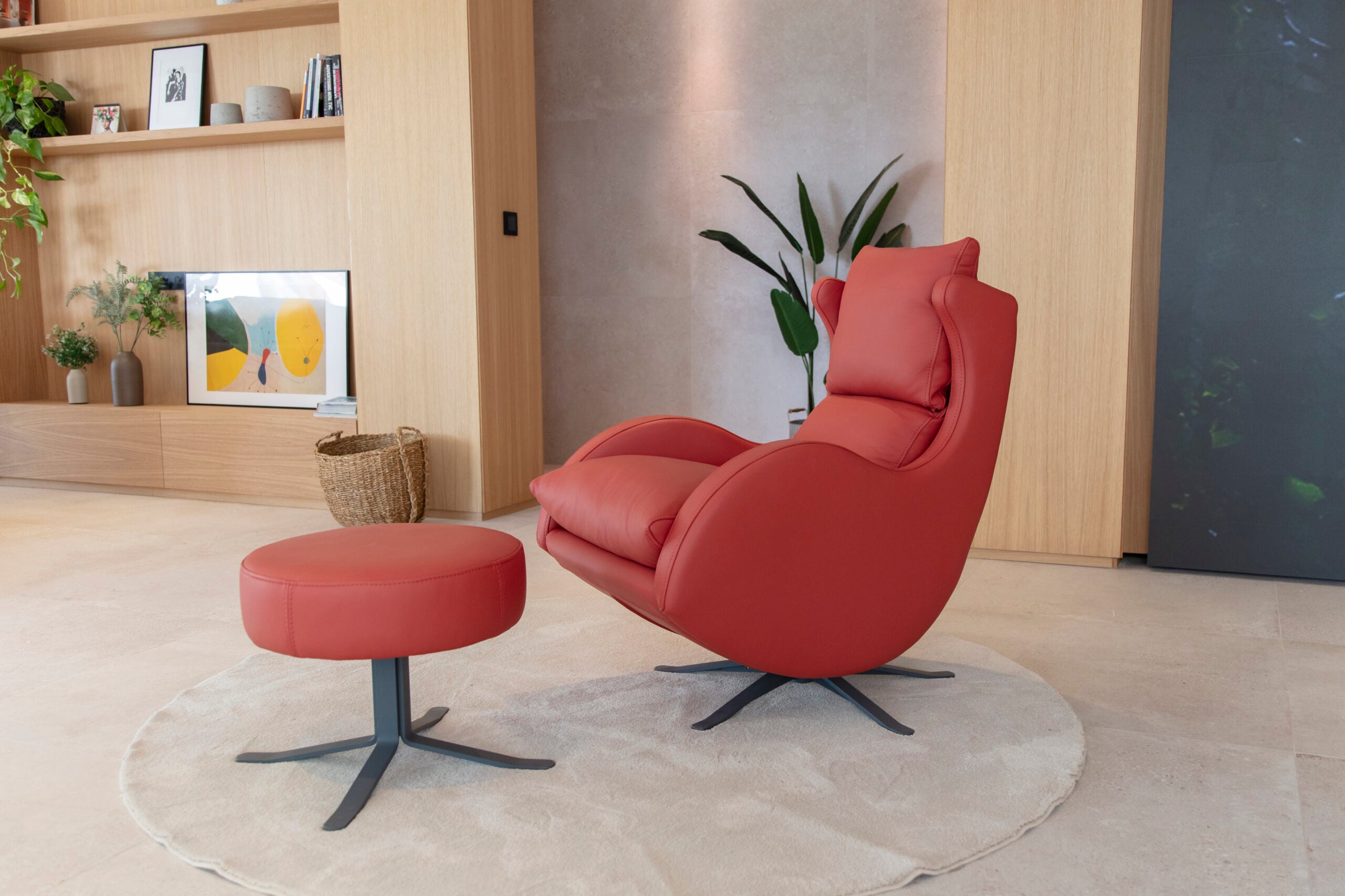 Lenny Chair and Footstool by Fama in Red Leather and Dark Grey Legs