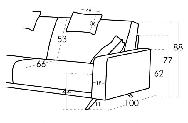 Details of the design of the Boston sofa showing height, seat depth, seat height etc