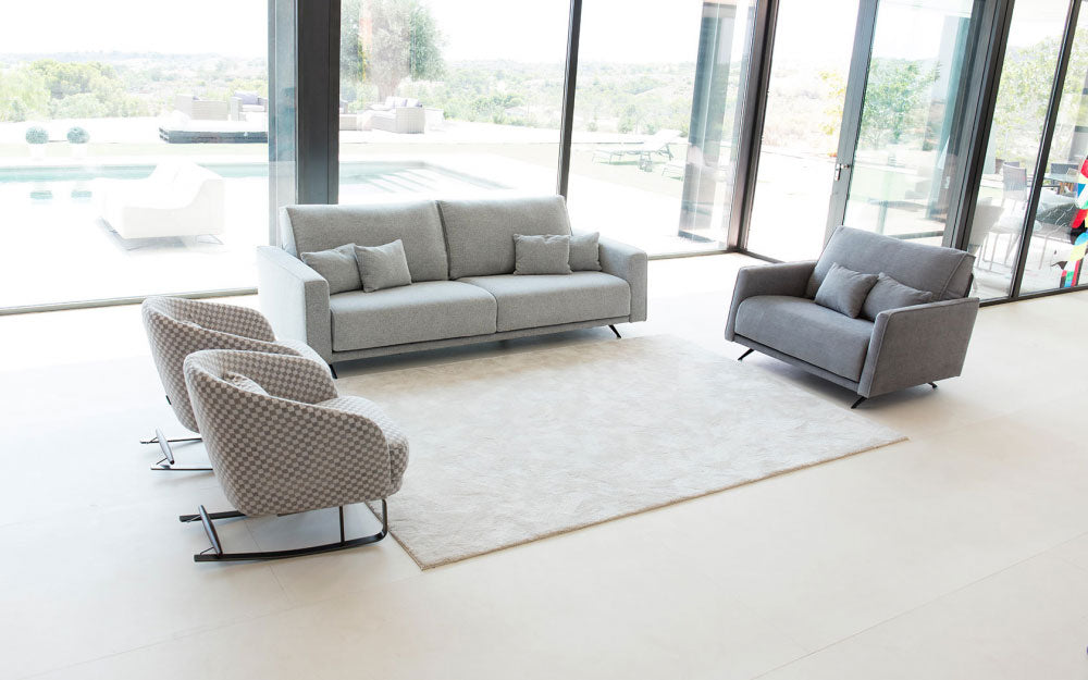 Room Setting of Boston Sofa next to Boston Loveseat in Contrasting Grey Fabrics