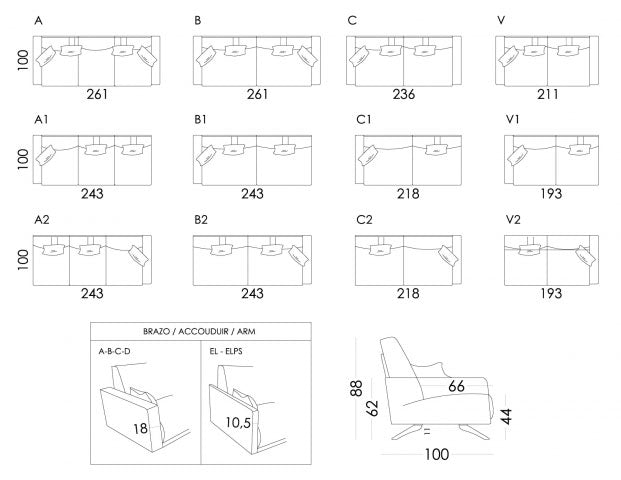 Drawings of available sizes for Boston Sofas and Modular pieces